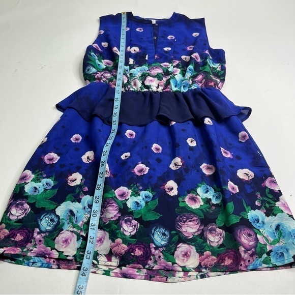 Jaye.e. Floral Cobalt Blue Peplum Sleeveless Flirty Button Down Cocktail Dress - Picture 14 of 14